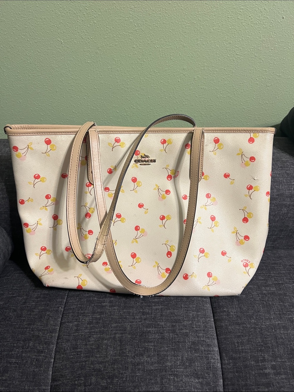 Coach Cream Cherry-Print Leather Tote